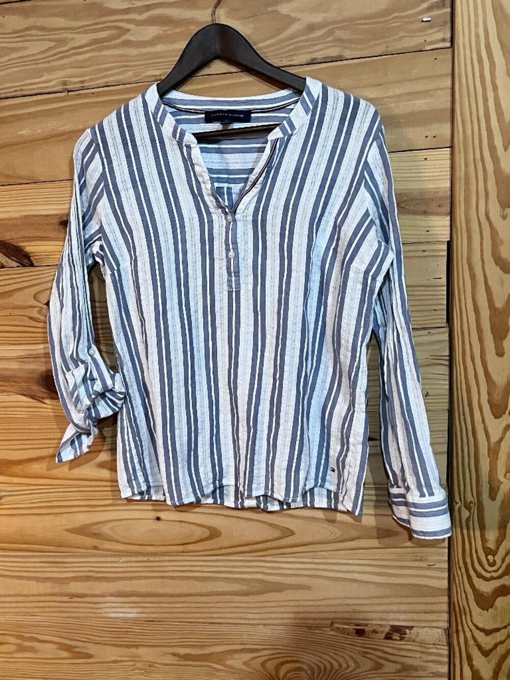Tommy Hilfiger Women’s Blue White Striped Popover Split-Neck Blouse Long Sleeve